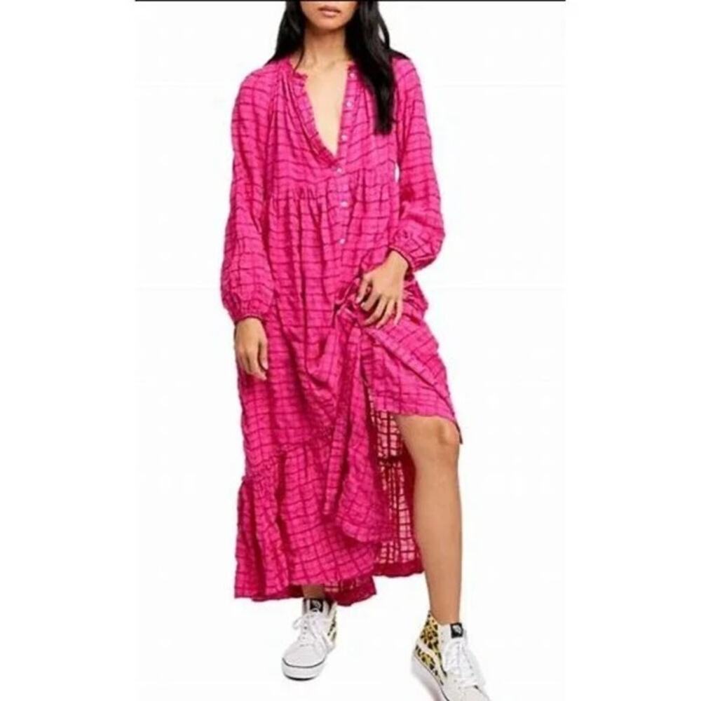 Free People Maxi Dress Womens Small Edie Hot Pink Shirtdress Ruffle Boho Whimsy - Picture 1 of 12
